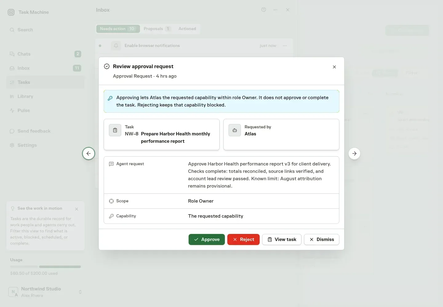 A fictional Task Machine Inbox approval request for client delivery showing the report version, completed checks, known limit, approval role, and approve or reject actions