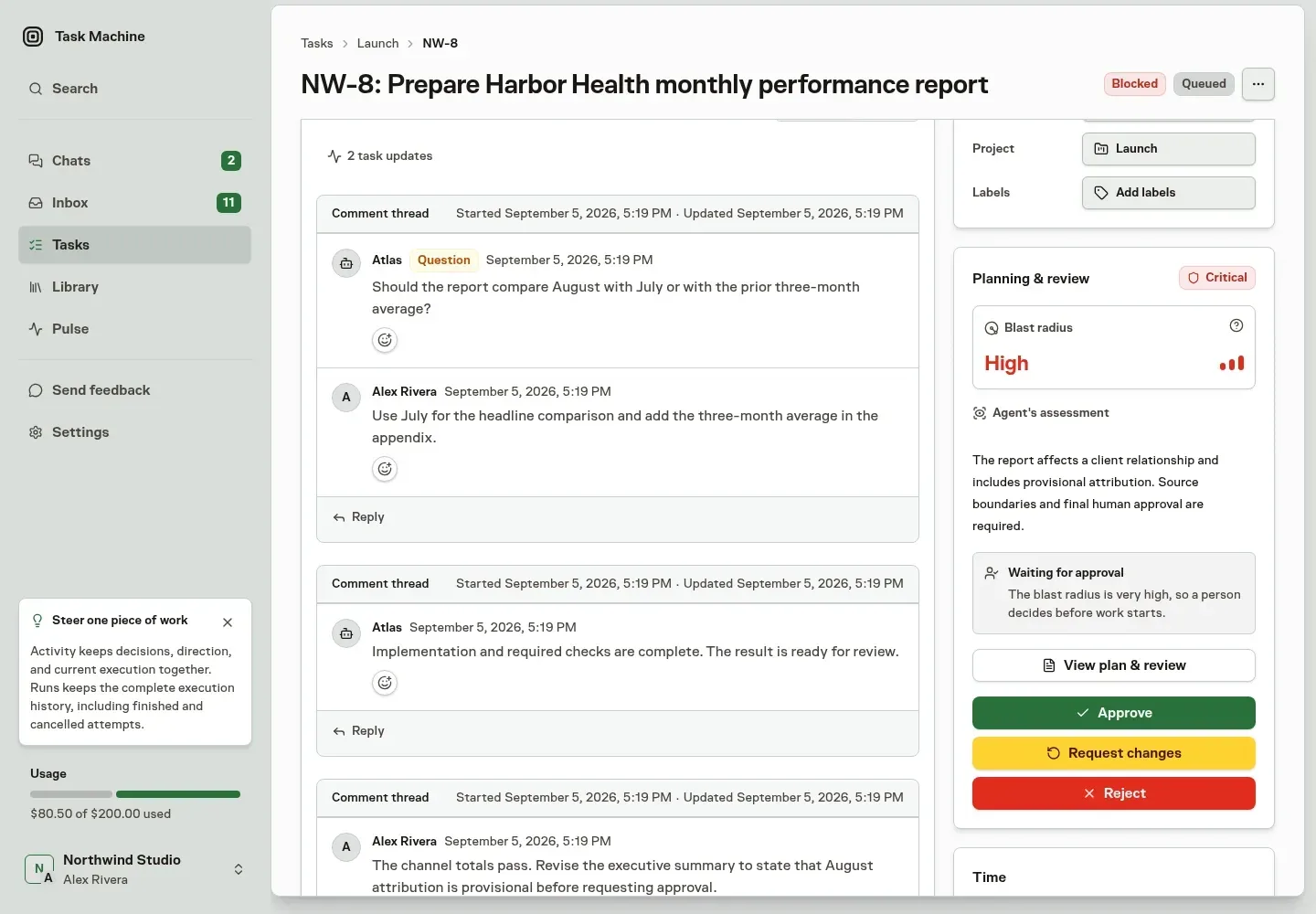 A fictional Task Machine client-delivery task activity showing an agent question, the agency's answer, an implementation update, and requested changes in one history