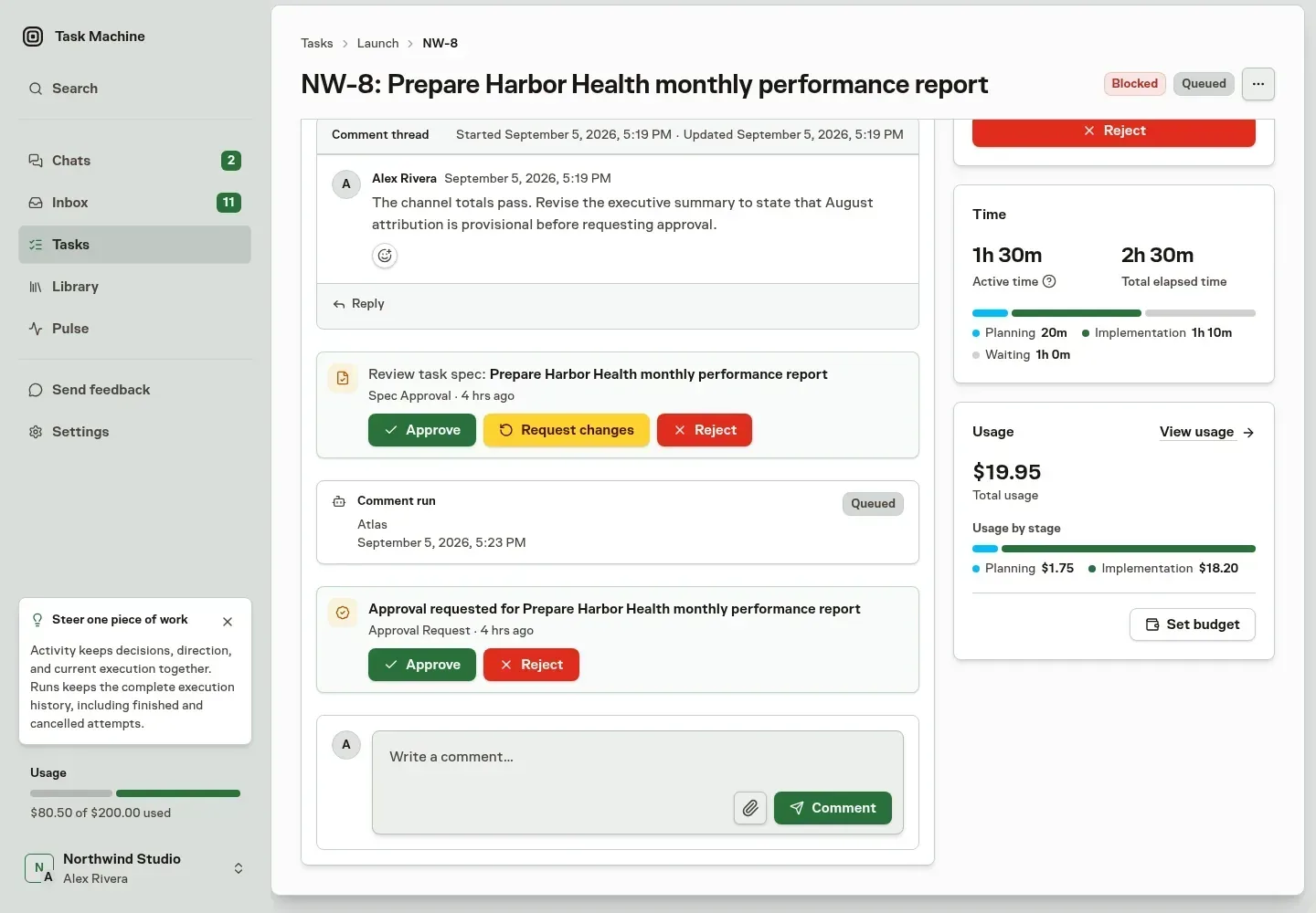 A fictional Task Machine client-report task showing review history and its pending delivery approval beside active time, total elapsed time, total usage, and usage by stage