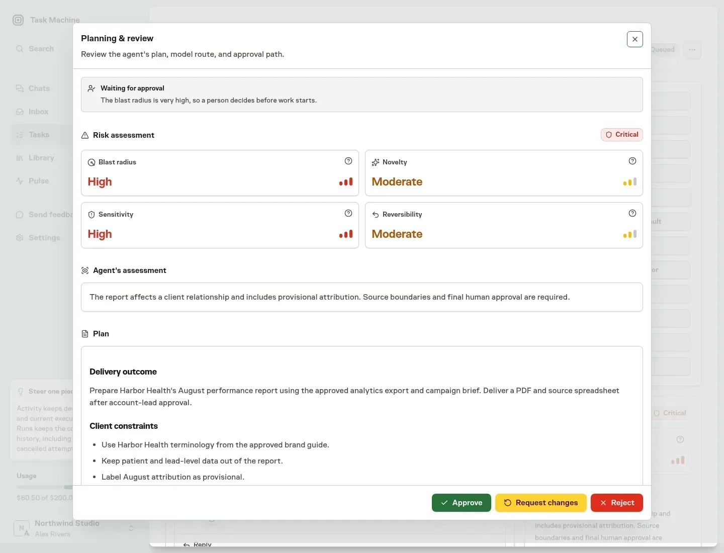 A fictional Task Machine Planning & review modal showing high blast radius, high sensitivity, the agent's client-risk assessment, and the delivery plan