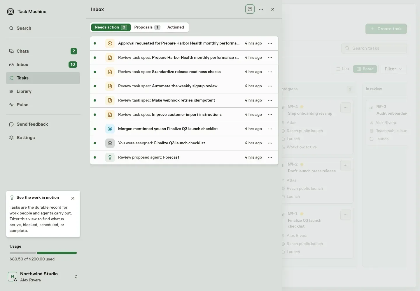 A fictional Task Machine Inbox showing a client-delivery approval, Work Spec reviews, a mention, an assignment, and a proposed agent