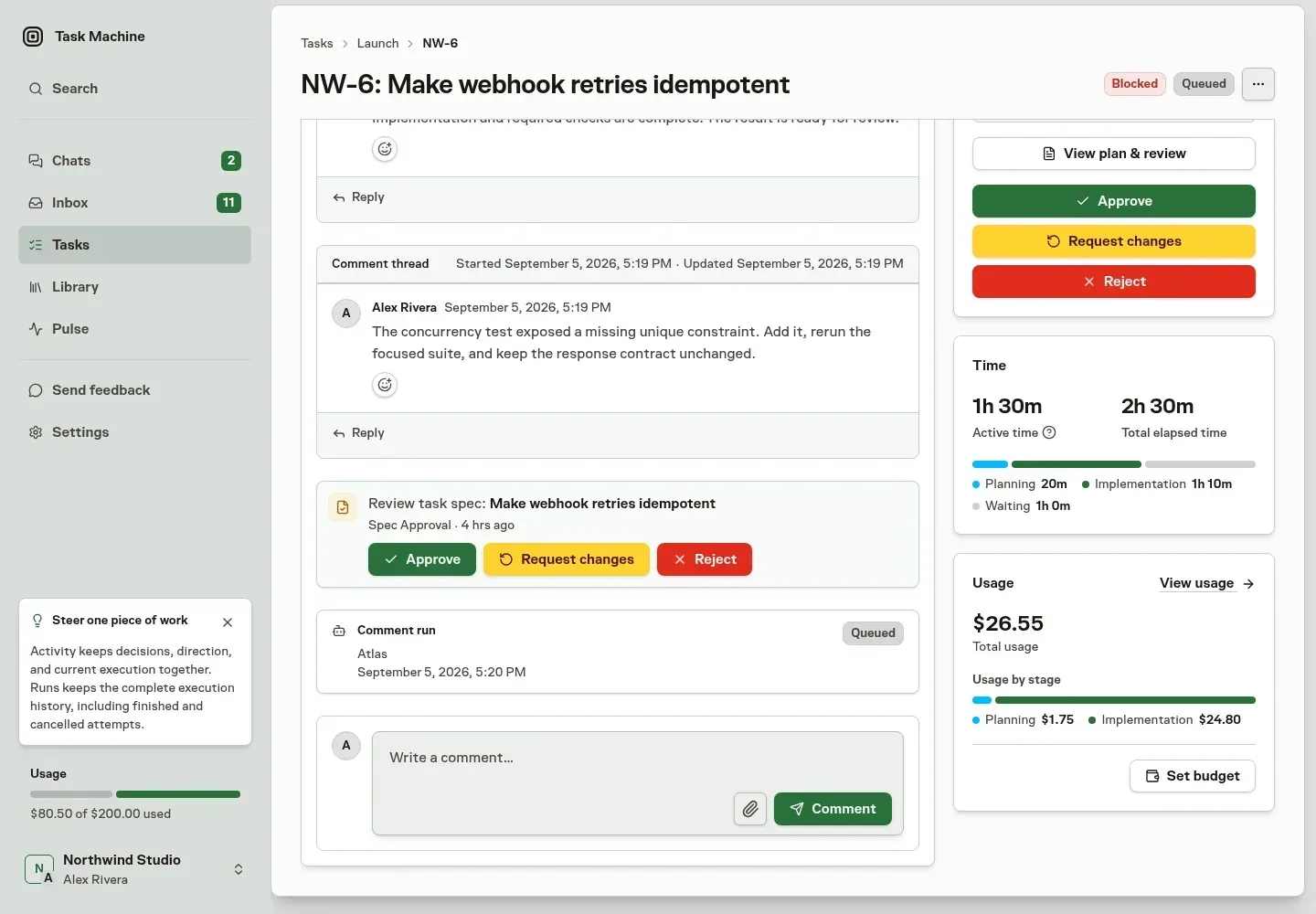 A fictional Task Machine coding task showing concrete review feedback beside active time, total elapsed time, total usage, and usage by stage