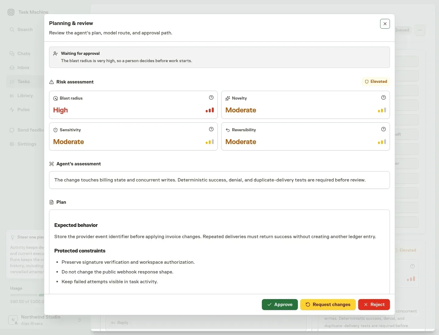 A fictional Task Machine Planning & review modal showing a high blast radius, the four-part risk assessment, the agent's assessment, and the coding plan