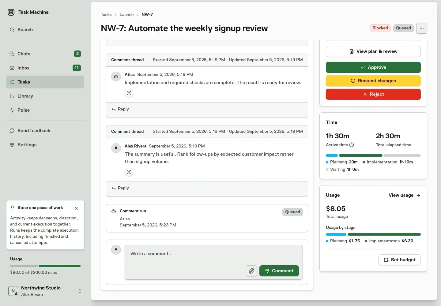 A fictional Task Machine weekly-signup task showing review history beside active time, total elapsed time, total usage, and usage by stage