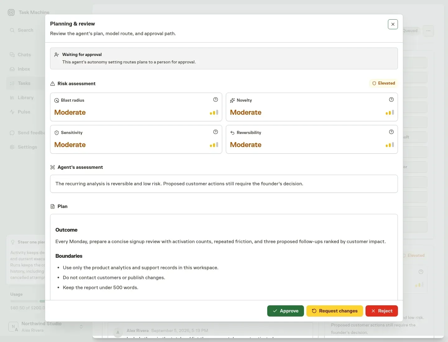 A fictional Task Machine Planning & review modal showing the approval route, four-part risk assessment, agent assessment, and founder task plan
