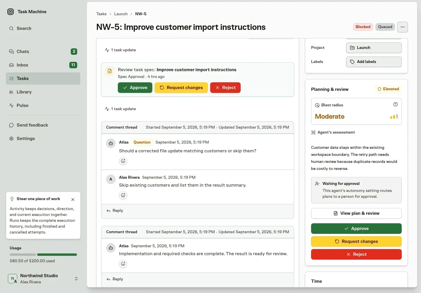 A fictional Task Machine task activity view showing an agent question, the customer's answer, an implementation update, and review feedback in one history