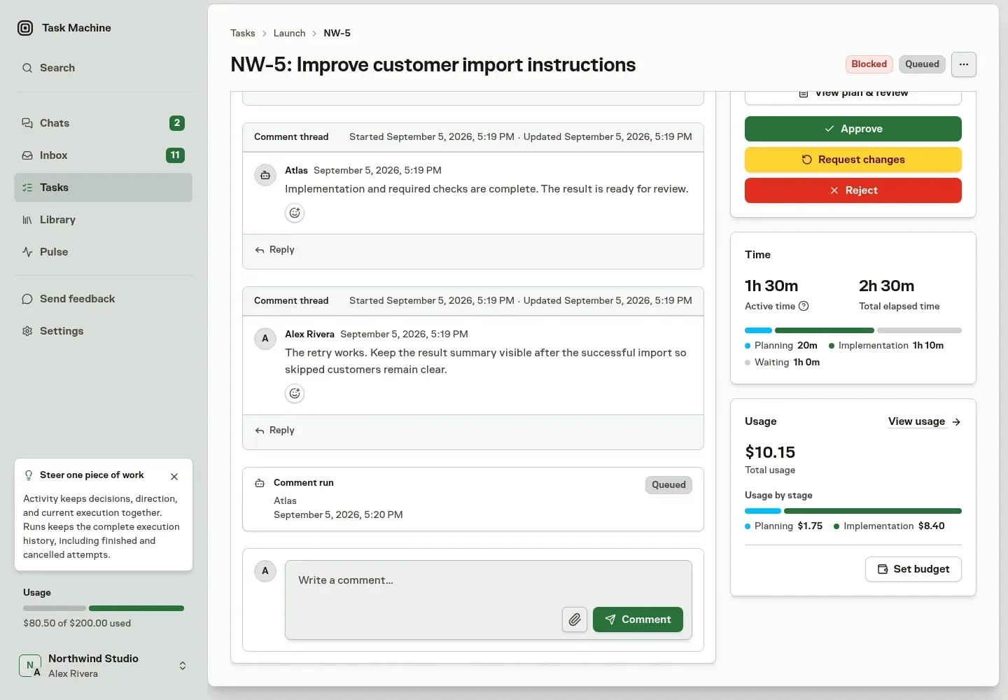 A fictional Task Machine customer-import task showing review history beside active time, total elapsed time, total usage, and usage by stage