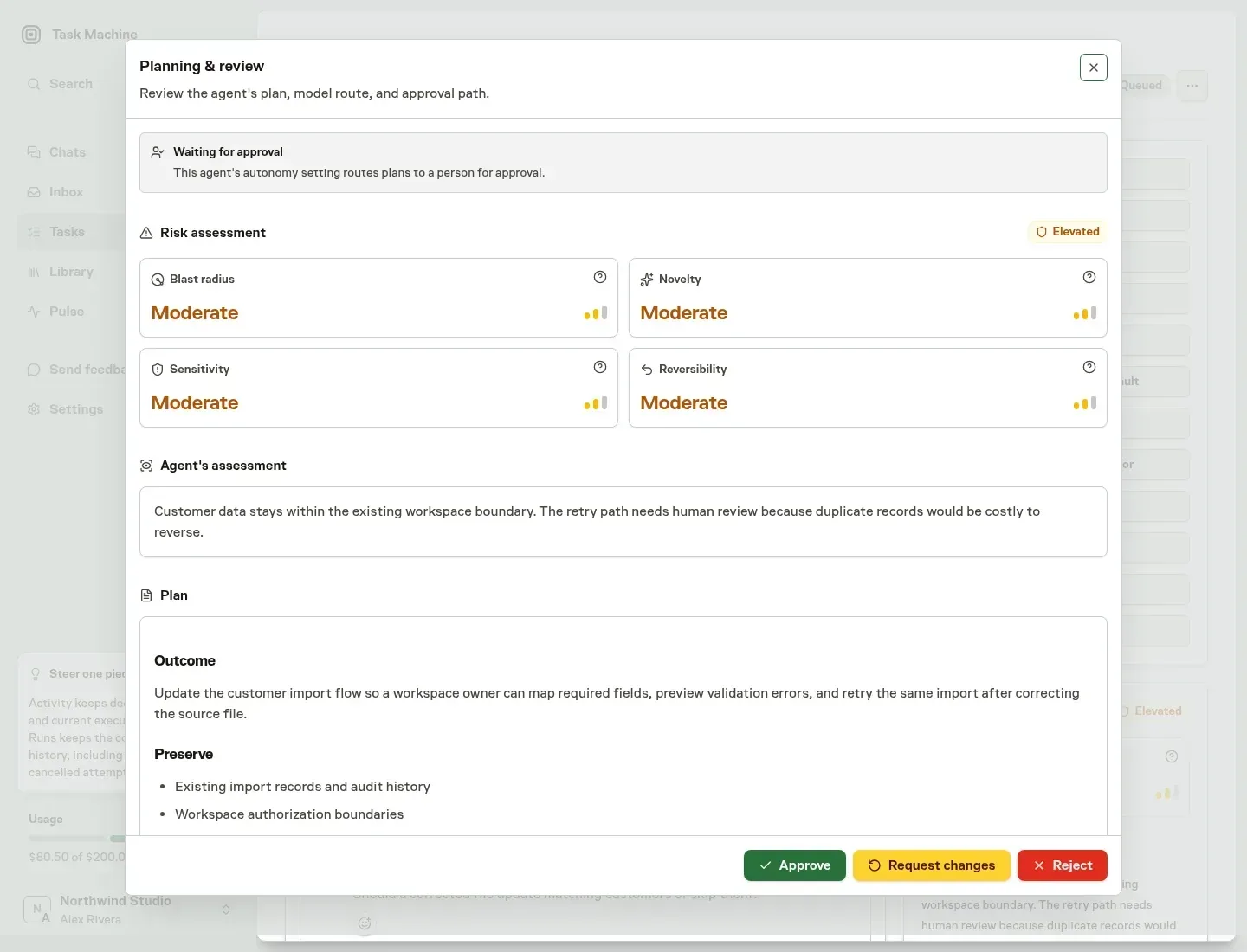 A fictional Task Machine Planning & review modal showing the approval route, four-part risk assessment, agent assessment, and customer-import plan