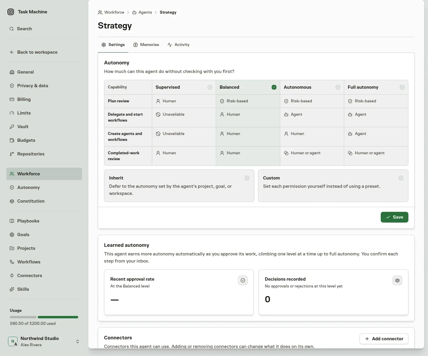 A fictional Task Machine agent profile showing the complete autonomy controls from Inherit through Full autonomy and Custom