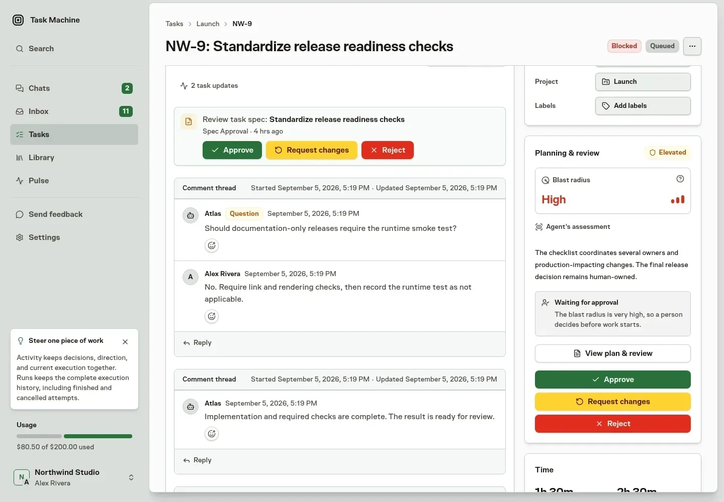 A fictional Task Machine product task activity showing an agent question, the team's answer, an implementation update, and review feedback in one shared history
