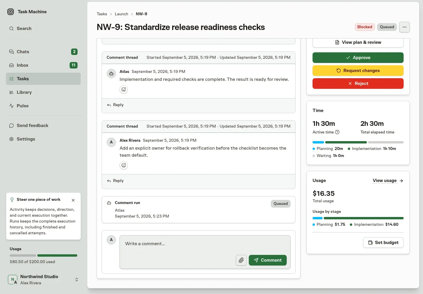 A fictional Task Machine release-readiness task showing review feedback beside active time, total elapsed time, total usage, and usage by stage