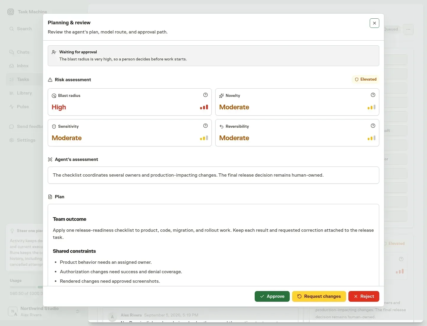 A fictional Task Machine Planning & review modal showing high blast radius, the four-part risk assessment, the agent's release assessment, and the task plan