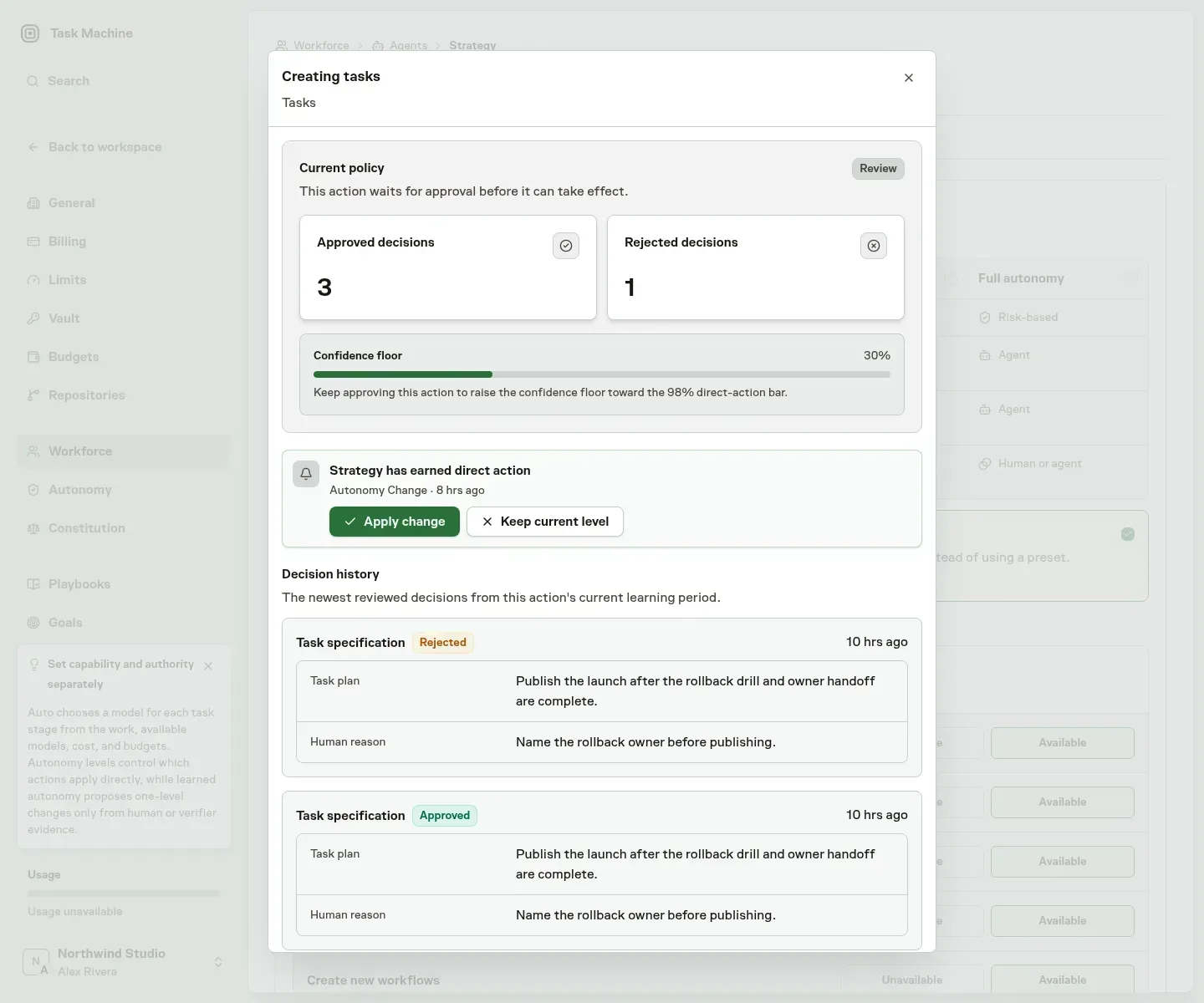 Learned autonomy detail with its policy, recommendation, confidence, and decision history