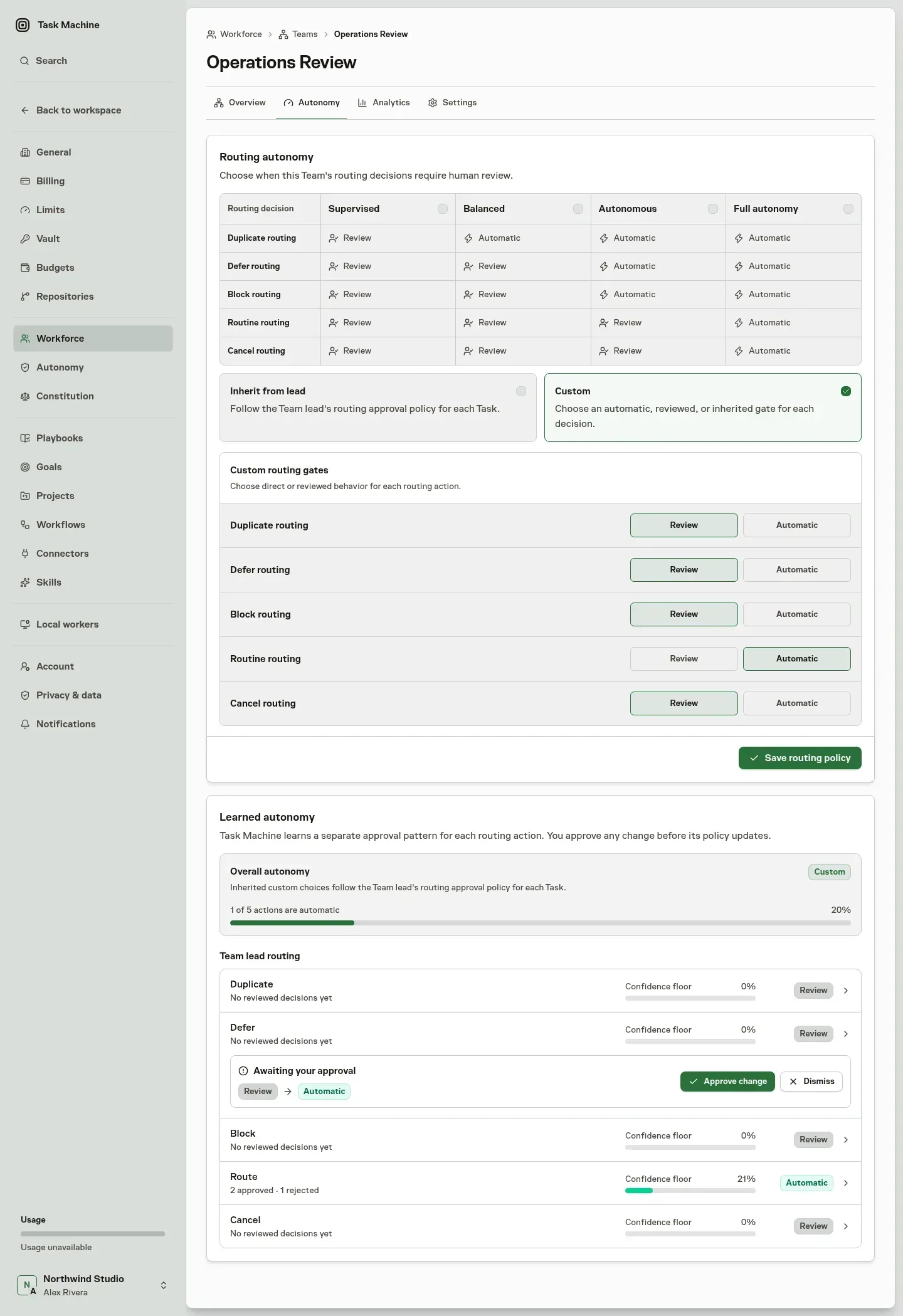 Team Autonomy with individual routing policies and learned-autonomy recommendations