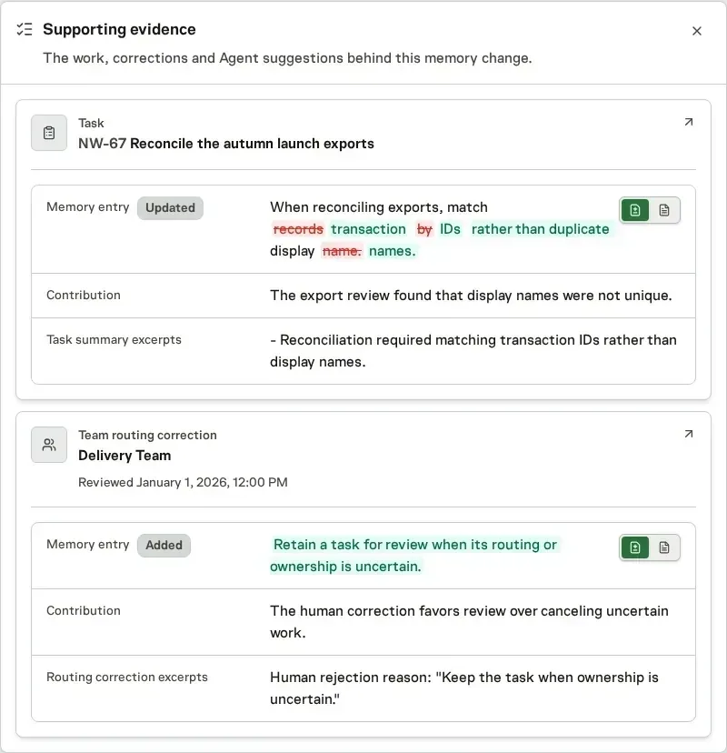 Supporting evidence behind a memory change, with the task, the updated memory entry, and the corrections it came from