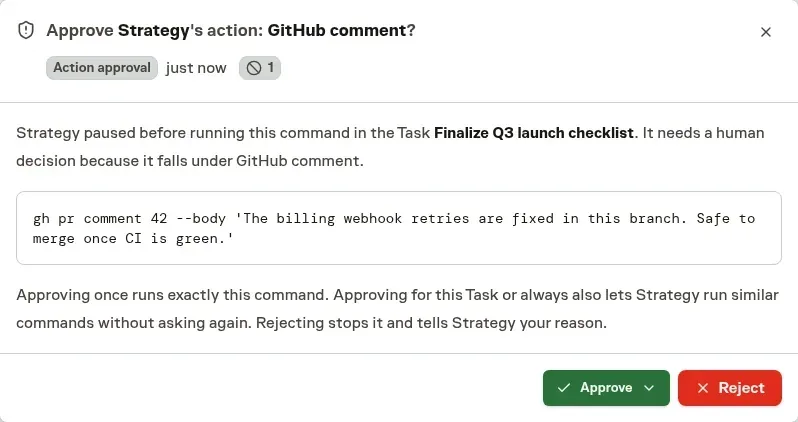 An Inbox approval asking whether an agent may post a GitHub comment, showing the exact command with Approve and Reject