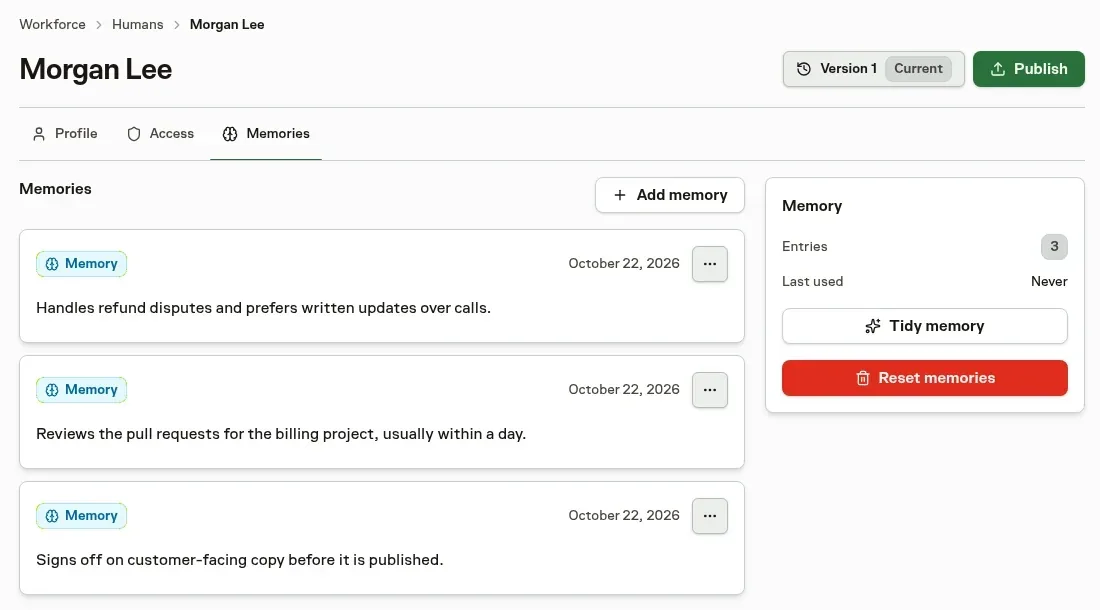 A person's Memories page with three notes about what they handle, including refund disputes and billing pull request reviews