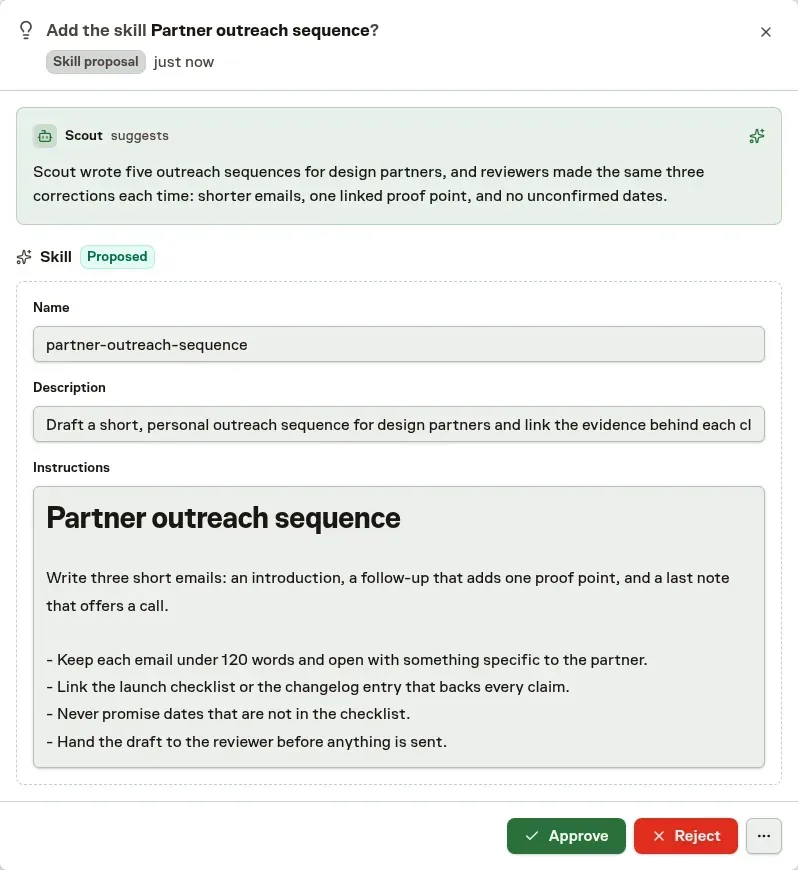 An Inbox proposal for a new Skill drafted from repeated work, with the agent's reason and the Skill's name, description, and instructions