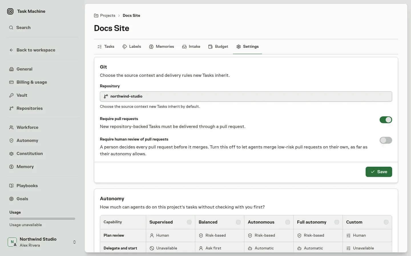 Project settings with the Require human review of pull requests switch turned off