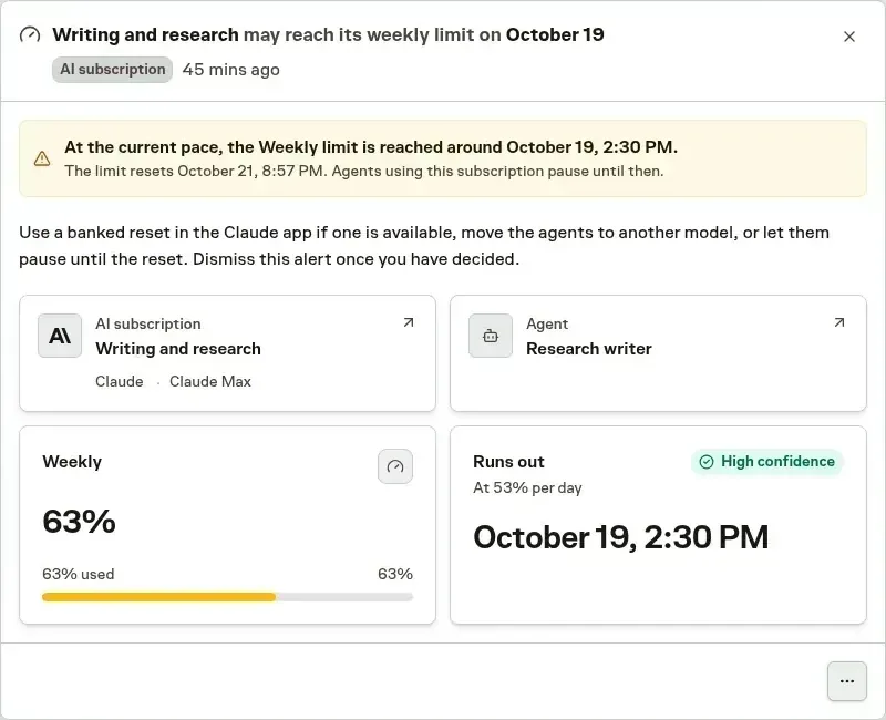 An Inbox alert showing that the weekly limit of a Claude subscription is reached before it resets, with cards for the subscription, the agent that uses it, its usage, and the forecast with its confidence