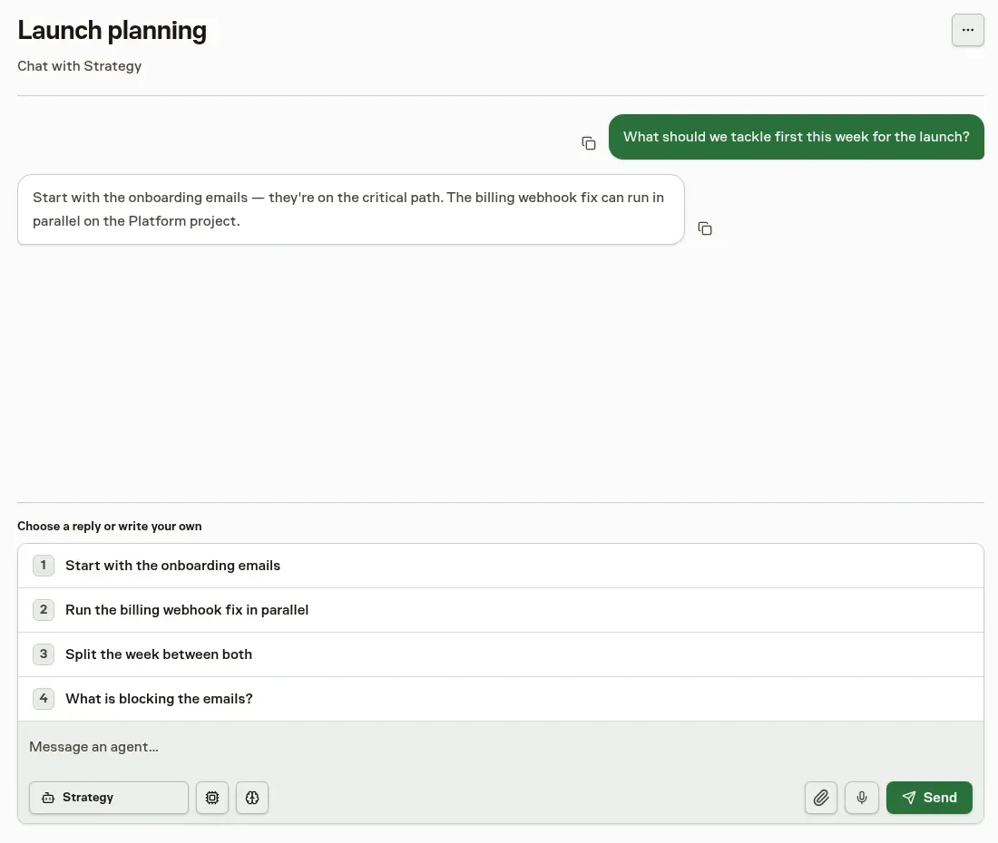 A Chat answer from an agent with four suggested replies above the message composer