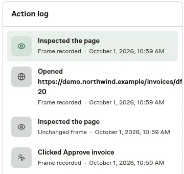 The action log of a browser journey with an inspected page, an opened URL, and a clicked button