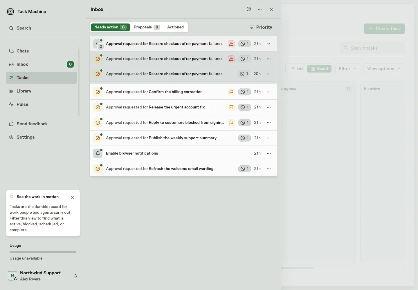 The Inbox sorted by Priority, with Critical and High decisions above routine approvals
