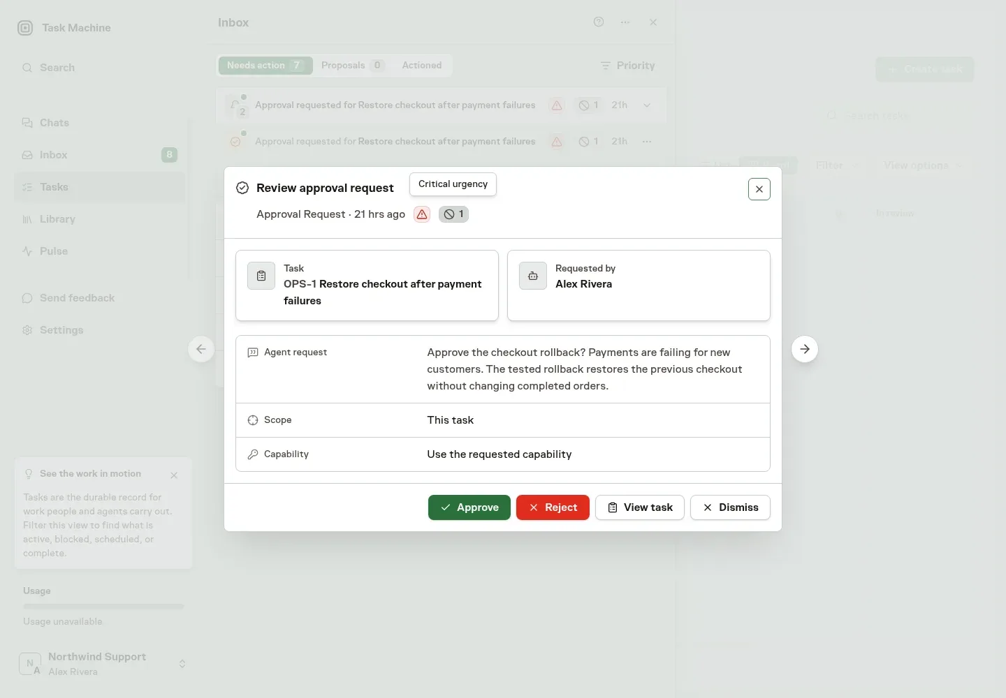 An approval request with its Critical urgency explained in the decision window