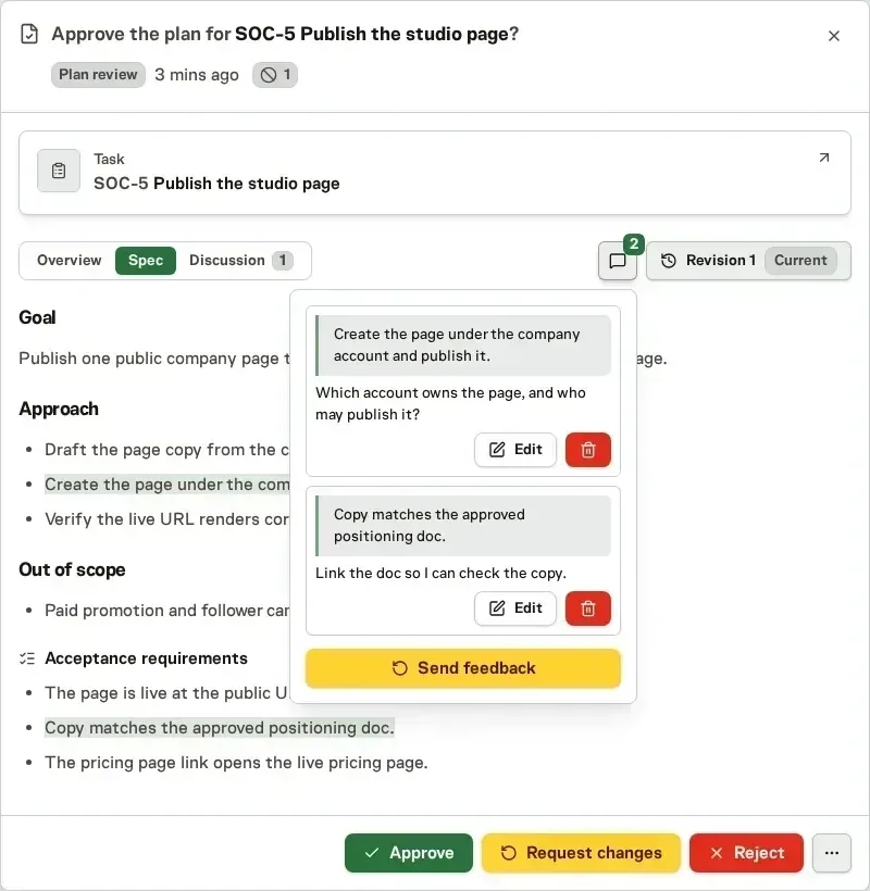 The Spec tab of a plan review with two commented passages marked and the comment list open, showing each quote with its comment, Edit and Delete, and Send feedback