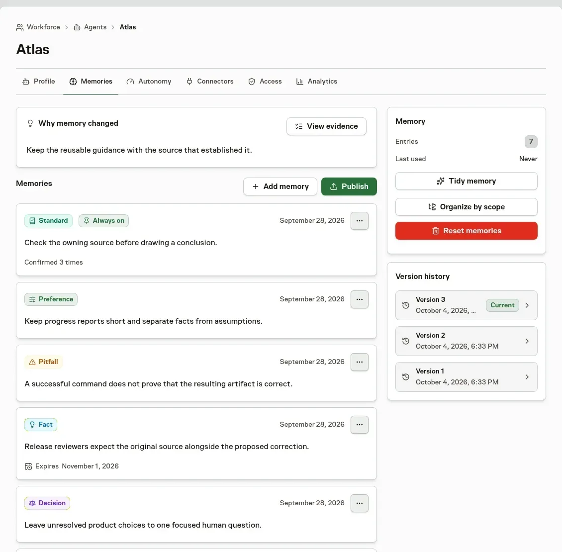 An agent's Memories page with notes by kind, including an always-on standard and a fact with an expiry date