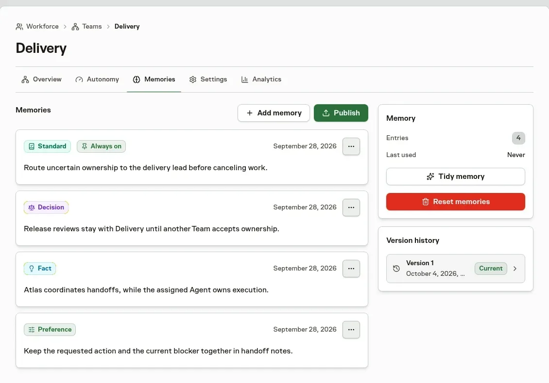 A team's Memories page with a routing standard, a decision, a fact, and a handoff preference
