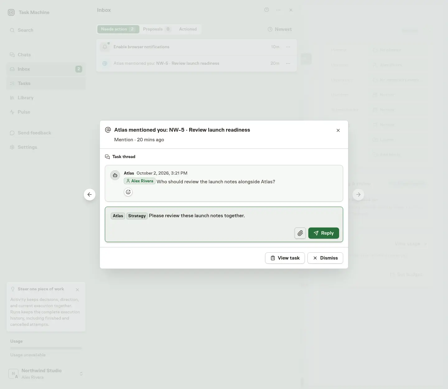 An Inbox reply tagging Atlas and Strategy to review the launch notes together