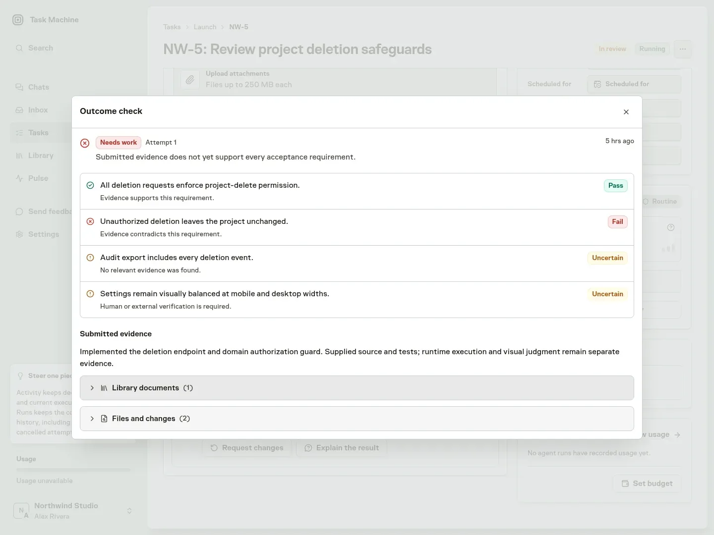 An outcome check listing four requirements with a Pass, a Fail, and two Uncertain verdicts, followed by the submitted evidence