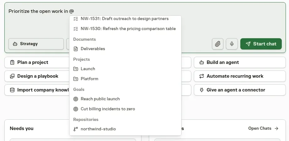 The @ menu in the Chat composer listing documents, projects, goals, and repositories
