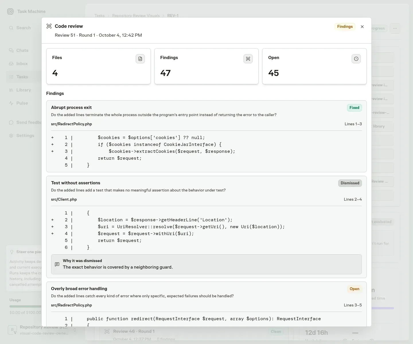 Code review findings on a task, with a fixed finding, a dismissed finding that carries the agent's reason, and an open finding