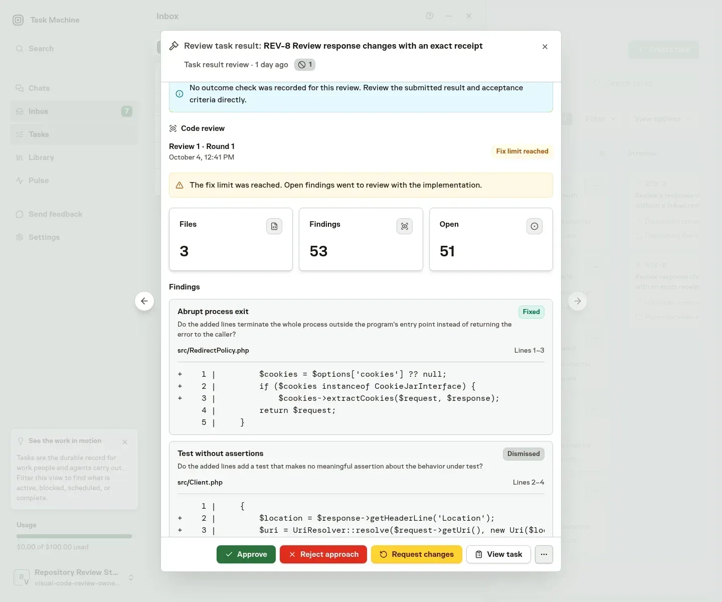 A task result in the Inbox with a code review that reached its fix limit, its open findings, and the review actions