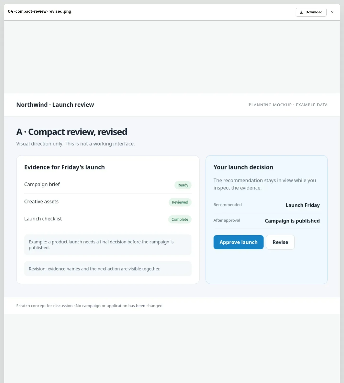 A scratch launch-review mockup opened in the Inbox image preview and labeled as planning example data