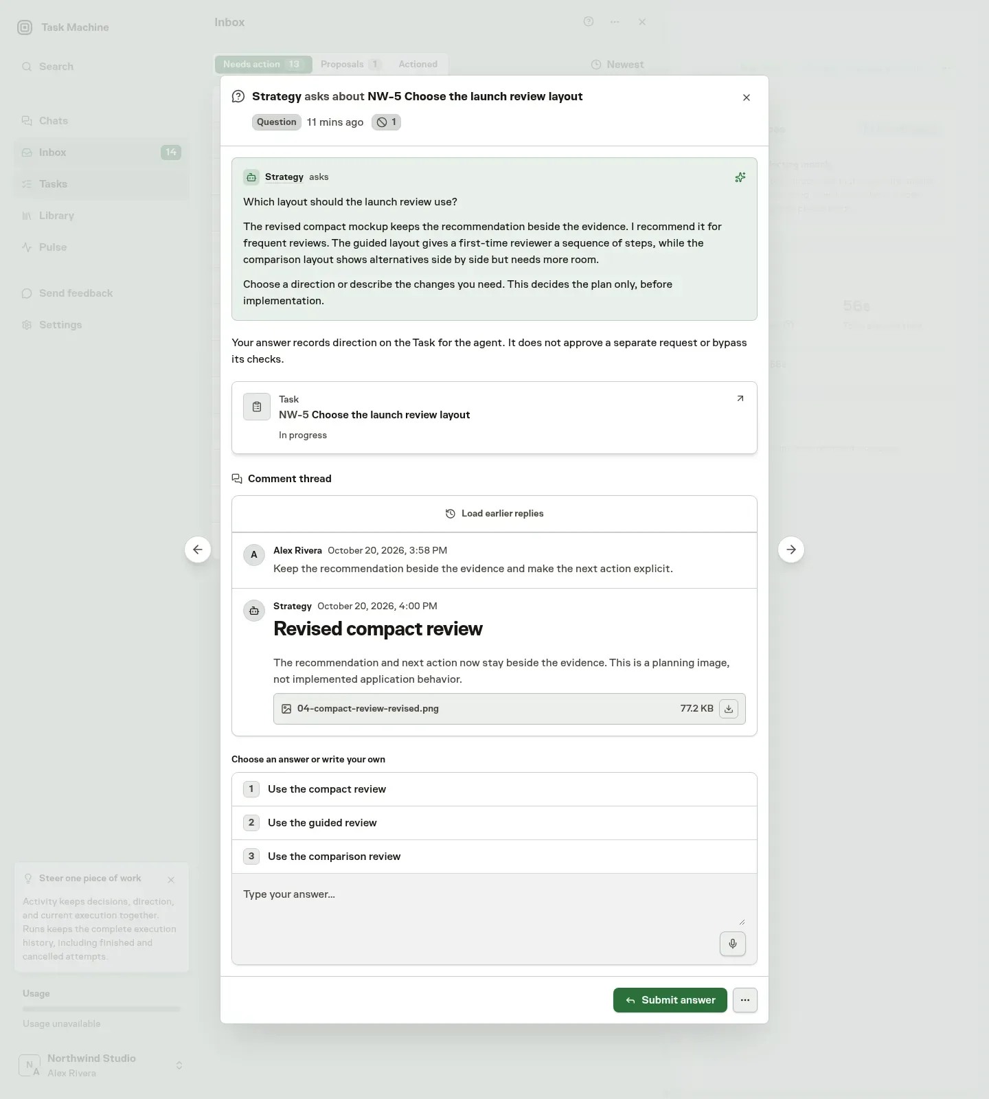 An Inbox planning question with discussion, an attached revised mockup and editable answer choices
