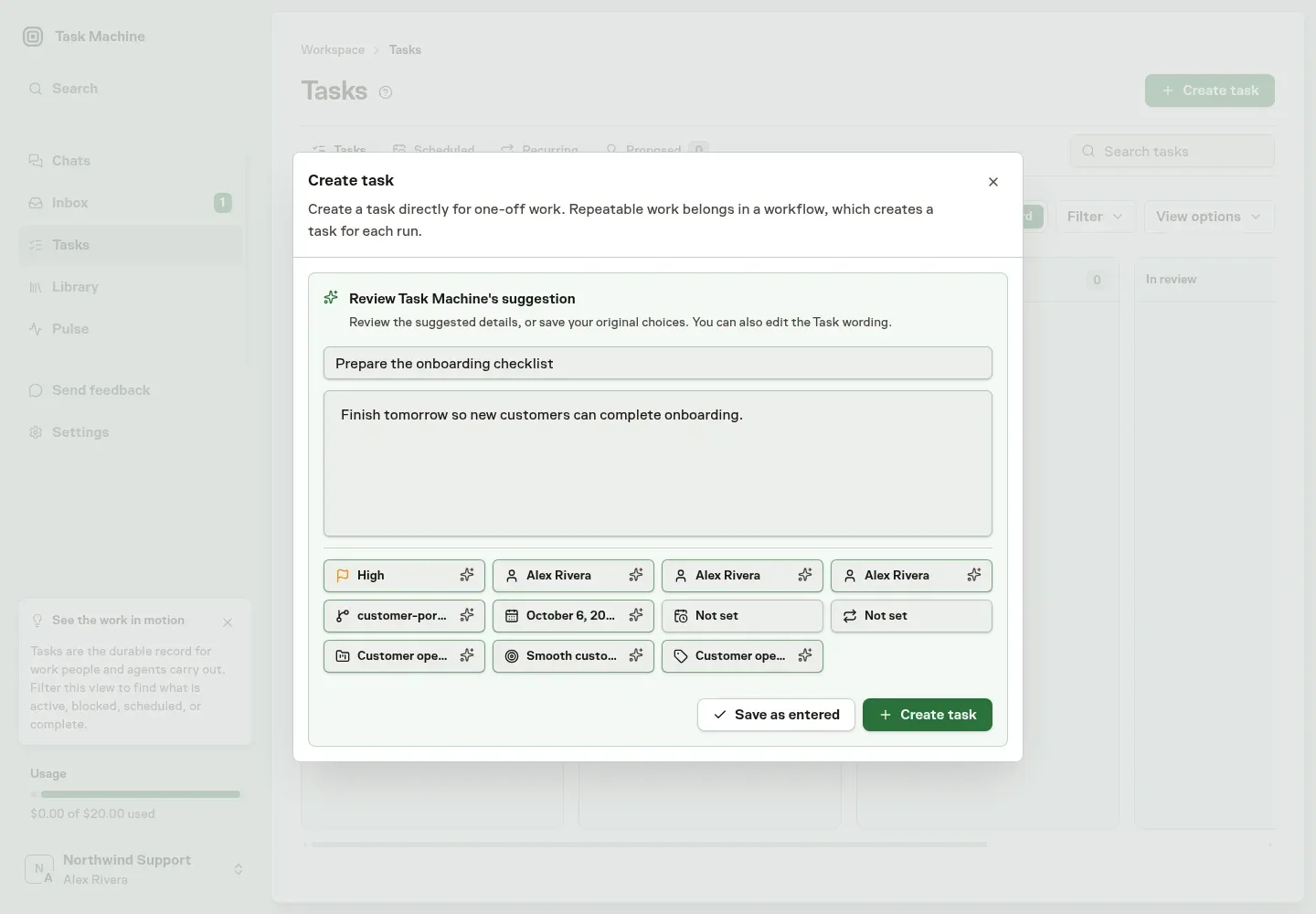 The Create task window showing suggested priority, people, repository, deadline, project, goal, and label