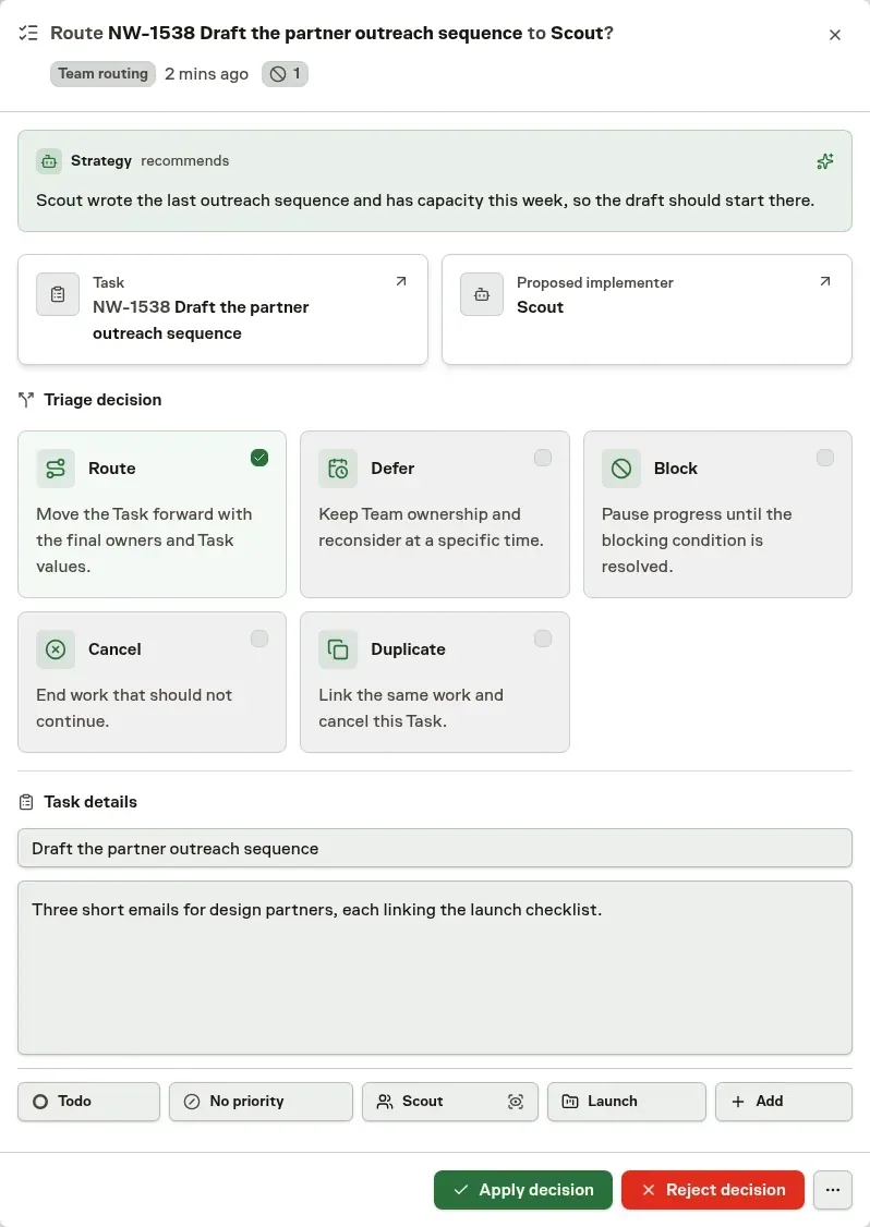 An Inbox decision where a Team lead recommends routing a task to Scout, with the triage choices and the editable task details