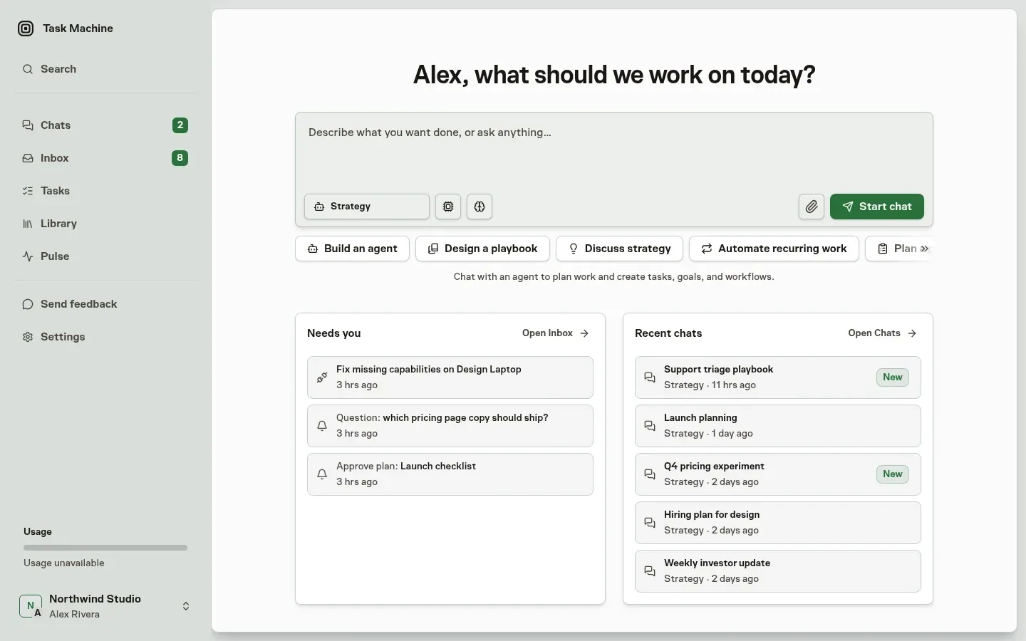 Home with a greeting, the message box and starters, the Inbox items that need you, and recent chats