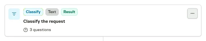 A Classify step named Classify the request, showing three configured questions and its Text output