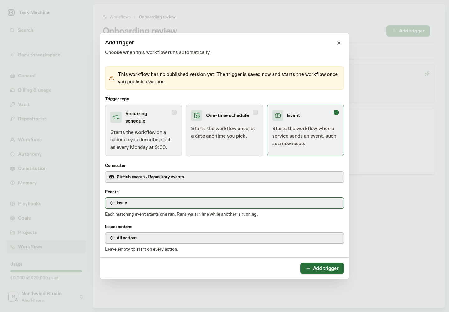 The workflow trigger modal with GitHub events and the Issue event selected