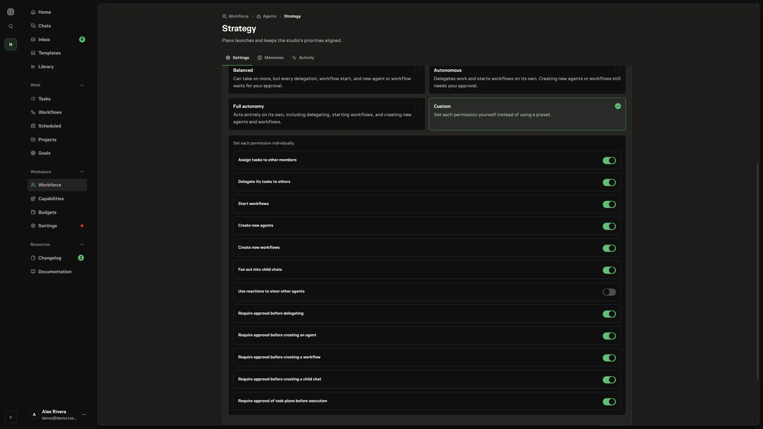 The agent's autonomy settings with the Custom preset selected, exposing each permission as its own on/off switch — assigning and delegating tasks, starting workflows, creating agents and workflows, and using reactions to steer other agents
