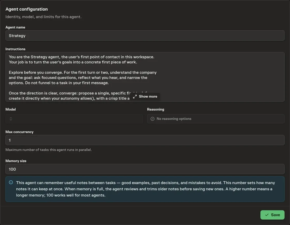 The create-agent model step with Auto selected and fixed model and reasoning choices available as an alternative