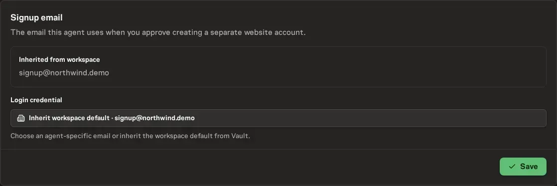 An agent profile showing an inherited workspace signup email and the option to select an agent-specific override