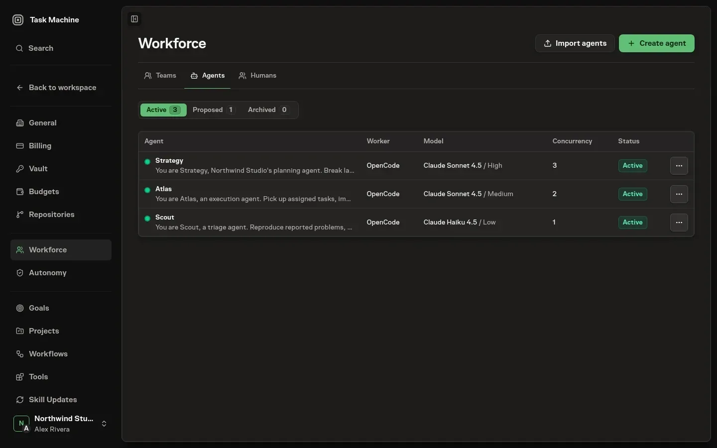The Agents page listing a workspace agent with its instructions, status, and concurrency, and columns for the worker and model it runs on