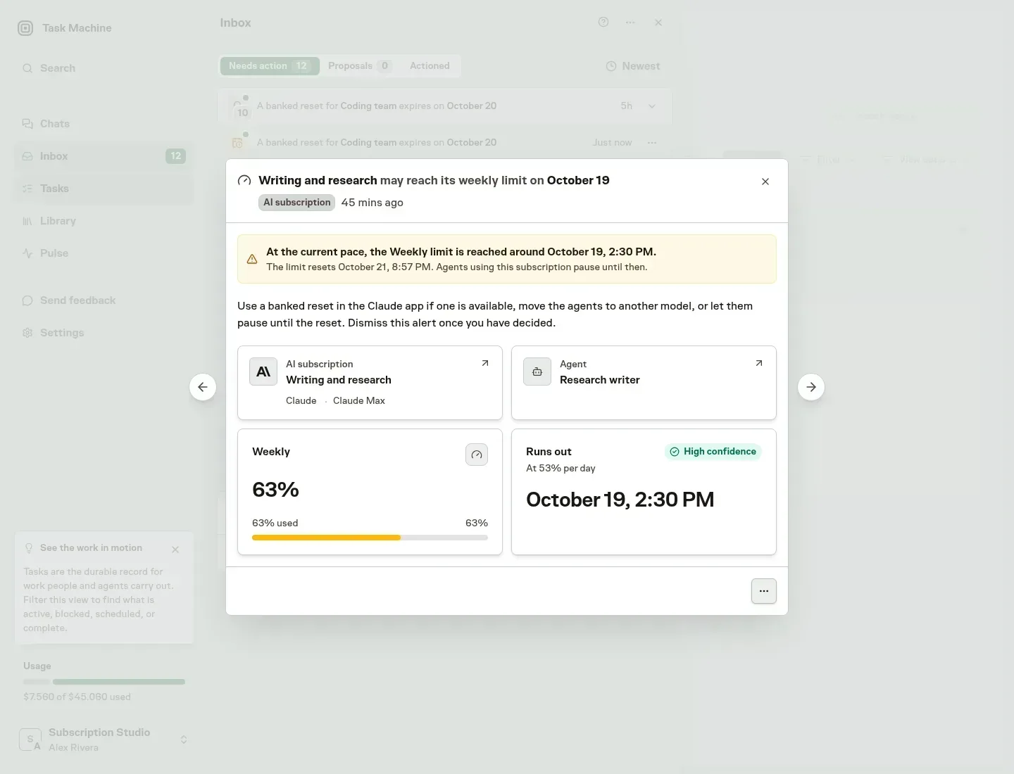 A running-out alert in the Inbox showing that the weekly limit of the Writing and research Claude subscription is reached before it resets, with cards for the subscription, the Agent that uses it, its current usage and the forecast with its confidence