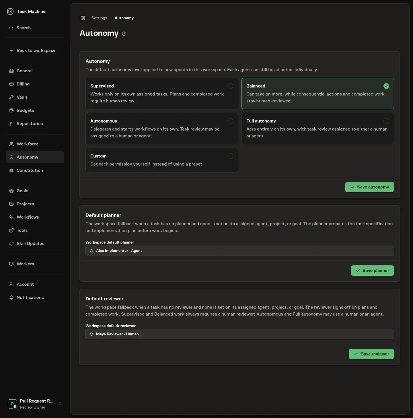 The Autonomy settings page with separate cards for the autonomy preset, default planner, and default reviewer