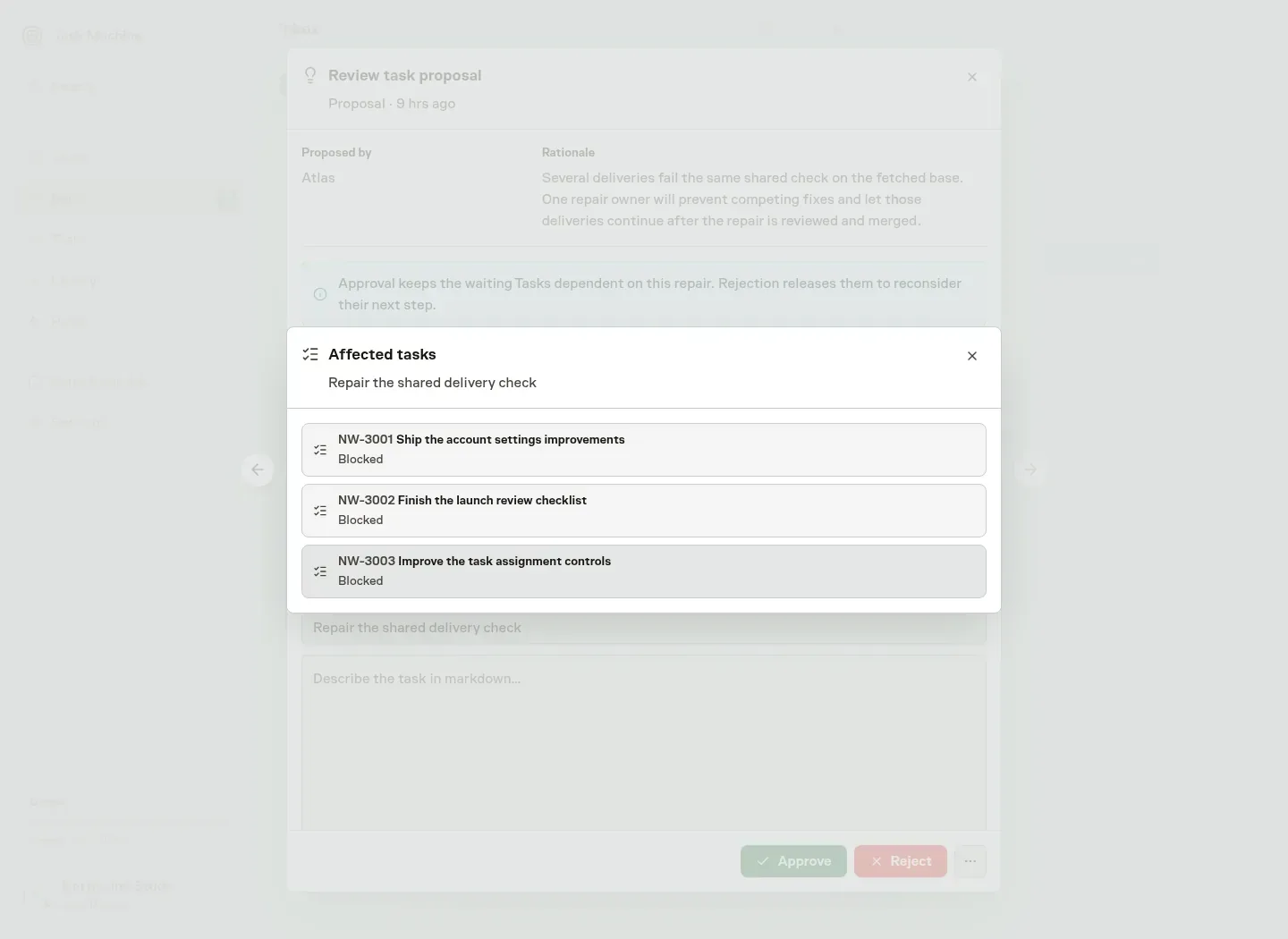 Affected tasks shown above a repair proposal in Inbox, with three waiting deliveries and the review preserved behind the list
